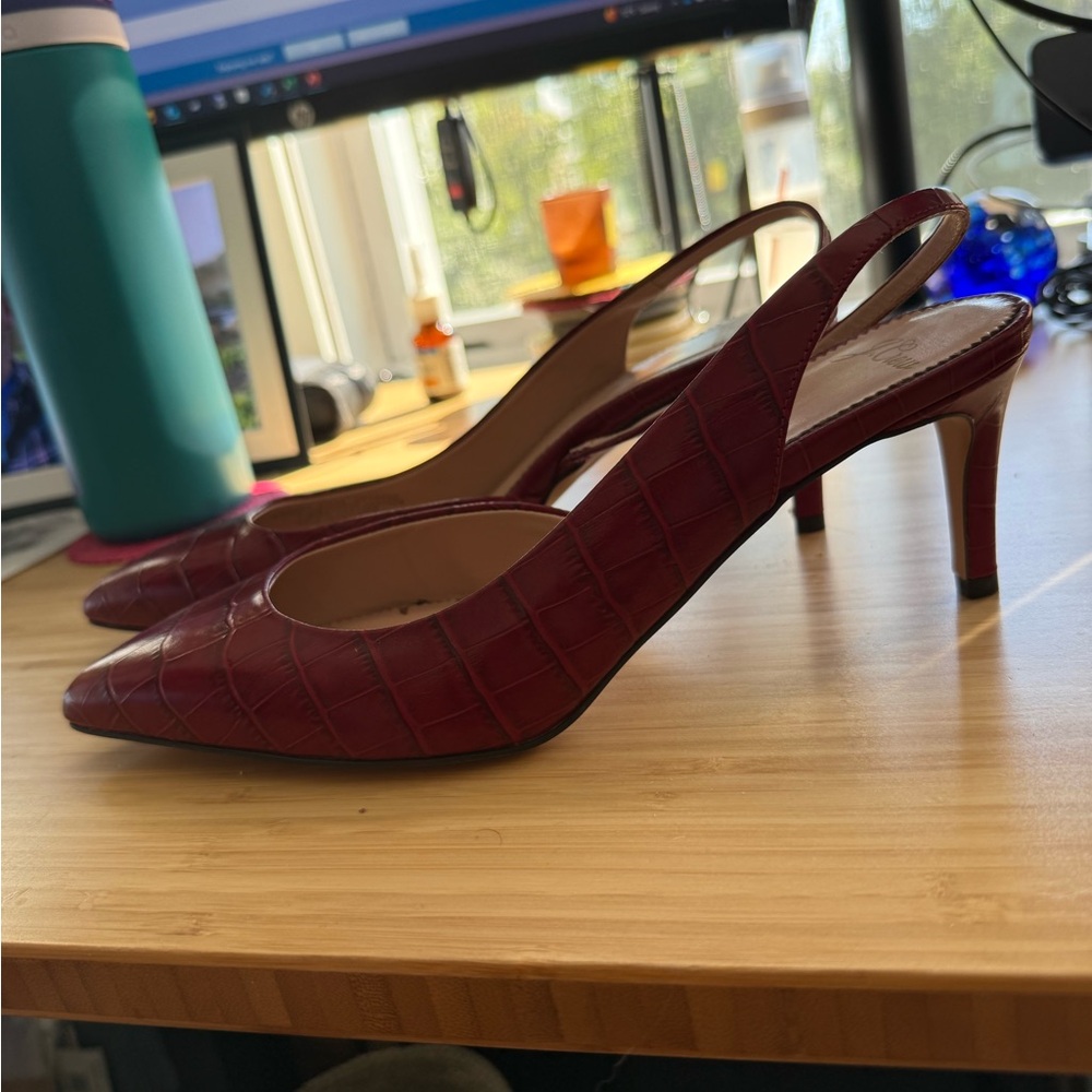 J. Crew Burgundy Croc-Embossed Slingback Heels